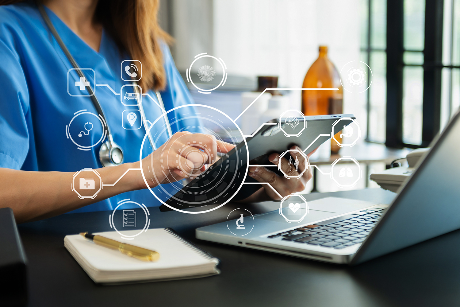 Nurse using computers