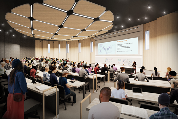 Wymer Hall Rendering with Students at Tables in Large Auditorium Wymer Hall Rendering with Students at Tables in Large Auditorium
